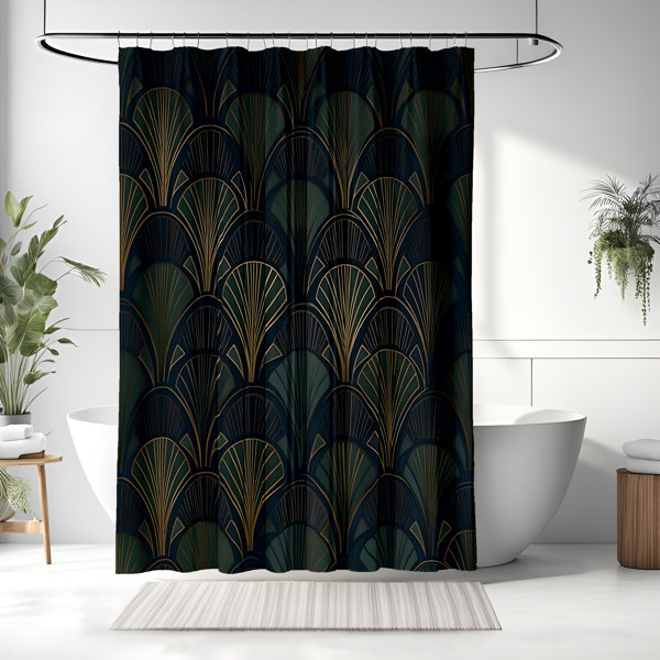 Order Art Deco Shower Curtain | Geometric Print | Vintage Bathroom Accessory | Forest Green & Gold Abstract Fan Pattern | Art Nouveau Curtain